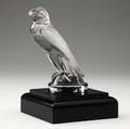 lalique faucon mascot hood ornament of clear and frosted glass c 1925 with original chrome collar small flake to beak m p 498 no 1124 molded r lalique with collar 6 14 x 4 12