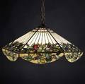 handel attr large leadedglass faceted chandelier with red and pink roses on amber and opalescent ground complete with threesocket fixture foliate vented cap ceiling plate and chain original