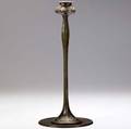 jarvie tall art nouveau candlestick embossed with spadeshaped leaves on long stems complete with original bobeche dark patina unmarked 13 34 x 6