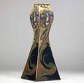 gouda tall and early art nouveau foursided vase handpainted with sylized blossoms whiplashes and arabesques a few small chips around base made in zuid holland lm 5006 18 x 7 sq
