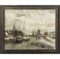 holland utrecht twentytile panel finely painted after lfh louis apol with a snowy dutch country scene featuring a road along a canal flanked by homes and windmills c 1890 professional restor