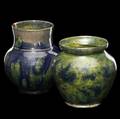 george ohr two cabinet vases covered in a very similar sponged on green and indigo glaze both stamped ge ohr biloxi miss 3 13 and 3 34