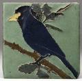 van briggle tile decorated in cuenca with an indigo stellars jay perched on an oak branch glazed over corner chip from firing very light wear to high points unmarked 6 sq