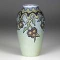 rookwood decorated mat vase painted by charles todd with stylized red and yellow blossoms on a turquoise butterfat ground 1922 flame markxxii900dcst 6 34 x 3 12