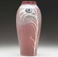 rookwood vellum vase painted by sara sax with peacock feathers on a raspberry ground 1912 flame markxxii901cvartists cipher 10 x 4 14