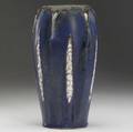 arequipa unusual and superior ovoid vase decorated in enameled squeezebag with organic patterns glazed in bright white on a cobalt and green ground several opposing hairlines around rim signed are