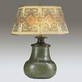 wheatley bulbous lamp base covered in a superior frothy semimatte green glaze complete with electrified period font and topped by recent shade breaks to stem on font pottery 11 x 10 14 tota