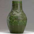 grueby fine and large vase embossed with blossoms and rows of rounded leaves covered in superior feathered and veined matte green glaze grueby faience medallion 13 14 x 8