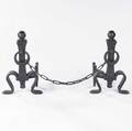 Gustav stickley rare andirons with ball tops and hinged rings joined by a chain unmarked 20 x 12 x 23