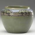 saturday evening girls vessel decorated by tillie block in cuerda seca with a band of trees in a landscape painted in polychrome on a matte green ground 1913 1213 seg tb 4 14 x 5 14