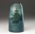 rookwood scenic vellum vase painted by ed diers with tall ships 1908 flame markviii1654ved 9 12 x 5