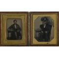 Occupational portraits of a seated dentist with implements cased with another of him pulling teeth two handtinted sixthplate tintypes cased images