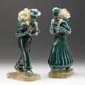 Barovier  toso pair of eugeneo glass peasant figures with gold foil highlights barovier  toso paper labels with paper inventory label 19590 each 13 x 7 x 3 12