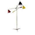 Arredoluce triennale lamp with red yellow and black enameled shades and handles on brass frame shaft height 61 width as shown 50