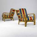 Wilhelm pair of armchairs with striped fabric cushions on bamboo frames 36 x 29 x 30