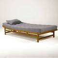 Swedish daybed with gray tufted cushion on slatted teak frame 20 x 78 x 36