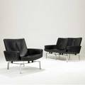 Preben fabricius and jorgen kastholm black leather loveseat and armchair suite on steel bases sofa 30 x 54 x 29 chair 30 x 31 x 29