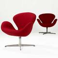 Arne jacobsen  fritz hansen pair of swan chairs with red upholstery on cast aluminum bases one has fritz hansen label 30 x 29 34 x 26 12
