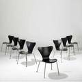 Arne jacobsen set of eight dining chairs in ebonized laminate on steel legs 30 x 20 x 18