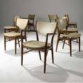 Finn juhl set of eight dining chairs with eggshell leatherette upholstery on teak frames two arm and four side armchair 32 x 25 x 19