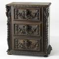 Renaissance revival elaborately carved threedrawer chest with figural drawer pulls provenance juan montoya collection 38 x 32 x 20