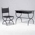 Jacques adnet desk covered in black stitched leather with brass hardware and ball feet complete with matching chair 29 12 x 36 x 34 chair 38 x 19 x 18 12