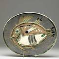 Picasso  madoura faience platter with embossed and painted fish ar 170 stamped madoura plein feu empreinte originale de picasso 16 34 x 13 12