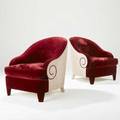 Robert couturier pair of club chairs fully upholstered in red velvet and striped silk fabric 36 12 x 31 x 35 12