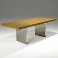 Roger sprunger dunbar english oak and stainless steel table desk and credenza desk with brass d tag desk 29 x 84 x 38 credenza 27 x 16 12 x 18 14