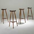 Karl seemuller four bar stools on oak legs with assorted wood seats zebra paldao shedua and walnut 1973 each signed dated and with name of wood 28 x 14 12