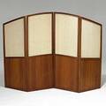 John dunnigan mahogany fourpanel screen woven cloth possibly by pam richardson 1970s unmarked each panel 60 14 x 22 12 total 90 12