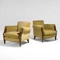 Pierre chareau attr pair of elm and cashmere club chairs unmarked 33 x 36 x 36