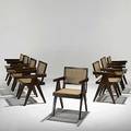 Pierre jeanneret eight teak and cane arm chairs with cushions not shown provenance chandigarh india unmarked 32 x 20 x 22