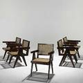 Pierre jeanneret five teak and cane arm chairs with cushions not shown provenance chandigarh india one with stenciled numbers 31 x 20 x 24