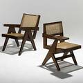 Pierre jeanneret two teak and cane chairs one lounge one library with cushions not shown provenance chandigarh india unmarked lounge 30 x 21 x 28