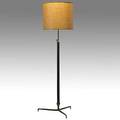 Style of paavo tynell leather and patinated brass adjustable floor lamp paper shade unmarked fully extended 74 x 26 dia