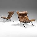 Arne norel aneby pair of chromed steel and leather lounge chairs 1960s each with manufacturer labels 31 x 25 12 x 39