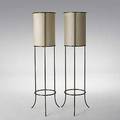 Th robsjohngibbings hansen pair of brass floor lamps with original linen shades unmarked 56 x 17 34 dia