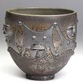 Scheier stoneware vessel with masks volcanic glaze signed scheier 6 x 6 12
