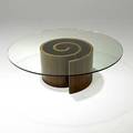 Vladimir kagan laminated walnut snail cocktail table with plate glass top unmarked 15 x 48 dia