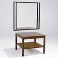 Dunbar two pieces square wallhung mirror and twotier occasional table in walnut with aluminum trim and caned lower shelf mirror marked with rectangular dunbar metal tag table marked with metal