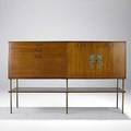 Harvey probber early bleached mahogany credenza with brass hardware paper label 44 x 70 12 x 17