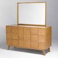 Heywood wakefield double dresser with mirror in champagne finish branded heywood wakefield stenciled numbers on verso dresser 32 12 x 56 x 19 12 mirror 30 x 41 12
