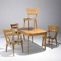 Heywood wakefield dining table and four chairs in champagne finish with one leaf all chairs stamped and with fabric tags table 29 12 x 50 12 x 34 leaf 14 armchair 33 12 x 22 12 x 21