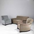 Art deco matching sofa and two chairs with velvet upholstery on walnut frames 20th c largest 31 12 x 81 x 39