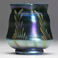 Tiffany studios blue favrile glass cabinet vase with gold foliate decoration etched 06708 3 14 x 2 34
