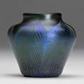 Tiffany studios blue favrile glass miniature vase with pulled feather etched lct y1860 2 x 2 14