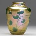 Tiffany studios gold favrile glass miniature vase with flowers hearts and vines etched lct r 1323 3 14 x 2 12
