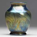 Tiffany studios blue favrile cabinet vase with pulled feather decoration etched lct h 1410 3 12 x 2 12