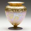 Quezal gold and verre de soie glass vase etched quezal 6 x 4 34